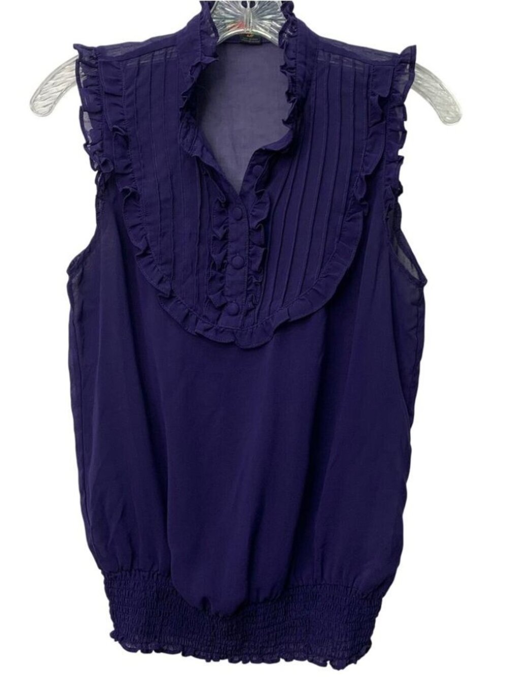 Womens Small Purple Ruffle Front Button Up Cinch Sleeveless Blouse